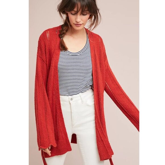 Meadow Rue | Anthropologie Priscilla Pointelle Cardigan in Rust Red | Size Small - Picture 3 of 13